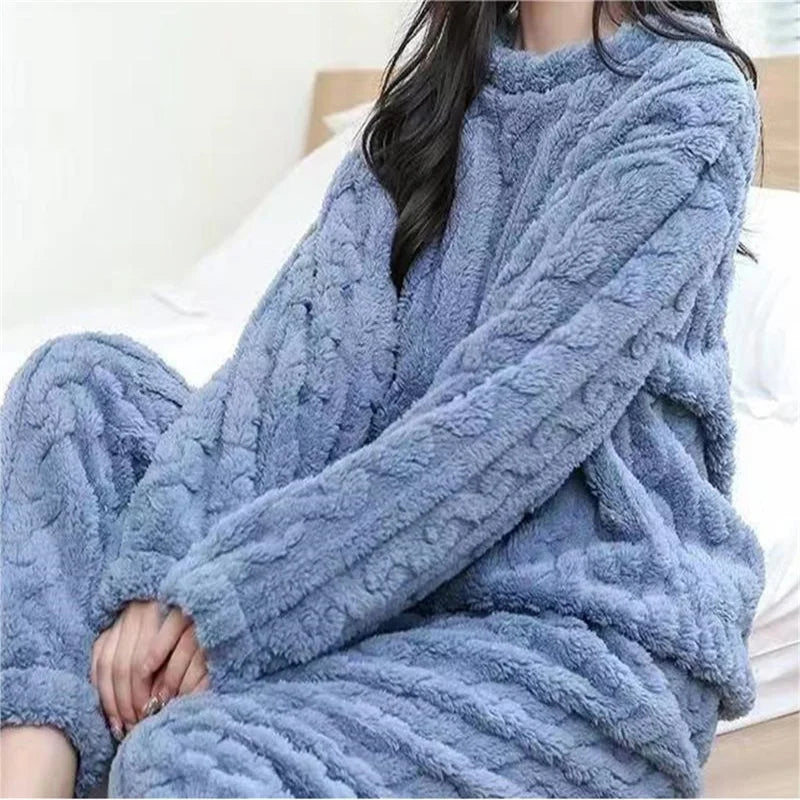 Thickened Warm Sleepwear for Winter Women Flannel Suit Student Pajamas Homewear Tops and Pants Striped Nightwear Loungewear