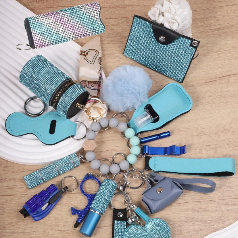 Blue Sparkling Diamond Multi-functional Keychain Set