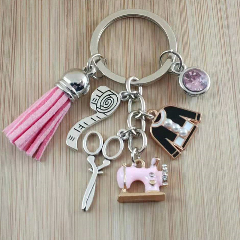 Sewing Machine Clothes Ruler Scissors Tassel Tailor Commemorative Key Chain Bag Ornaments
