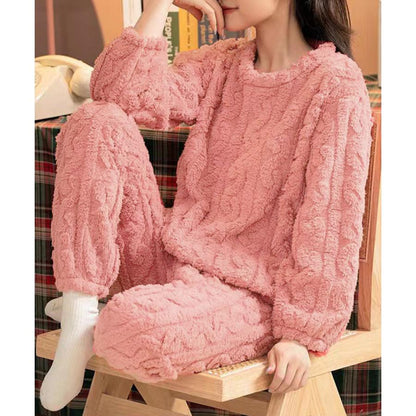 Thickened Warm Sleepwear for Winter Women Flannel Suit Student Pajamas Homewear Tops and Pants Striped Nightwear Loungewear