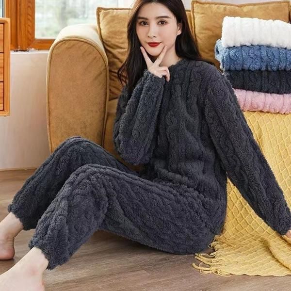 Thickened Warm Sleepwear for Winter Women Flannel Suit Student Pajamas Homewear Tops and Pants Striped Nightwear Loungewear