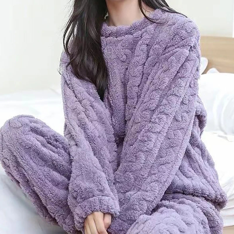 Thickened Warm Sleepwear for Winter Women Flannel Suit Student Pajamas Homewear Tops and Pants Striped Nightwear Loungewear