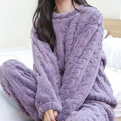 Thickened Warm Sleepwear for Winter Women Flannel Suit Student Pajamas Homewear Tops and Pants Striped Nightwear Loungewear