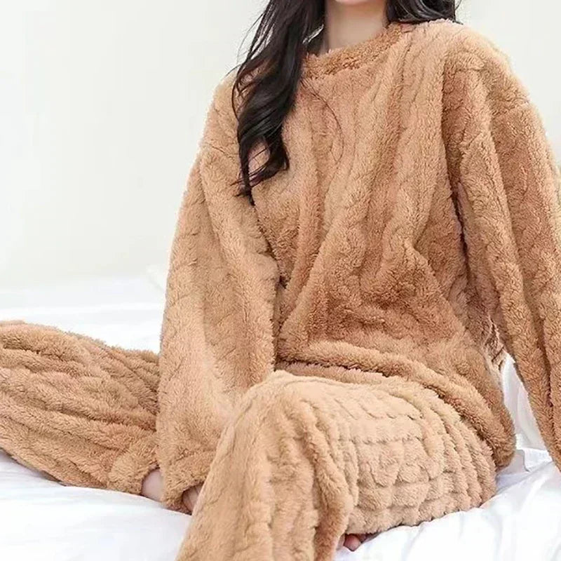 Thickened Warm Sleepwear for Winter Women Flannel Suit Student Pajamas Homewear Tops and Pants Striped Nightwear Loungewear