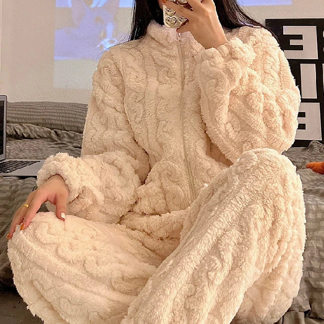 Thickened Warm Sleepwear for Winter Women Flannel Suit Student Pajamas Homewear Tops and Pants Striped Nightwear Loungewear