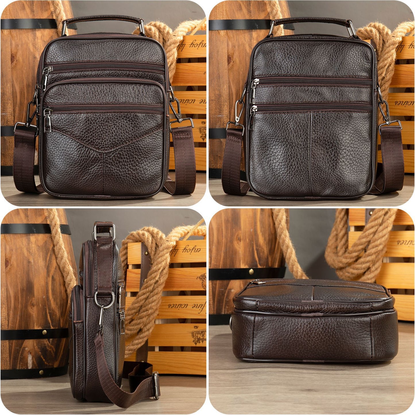 Men's Top Grain Leather Large Capacity Business Commuter Crossbody Bag Genuine Leather
